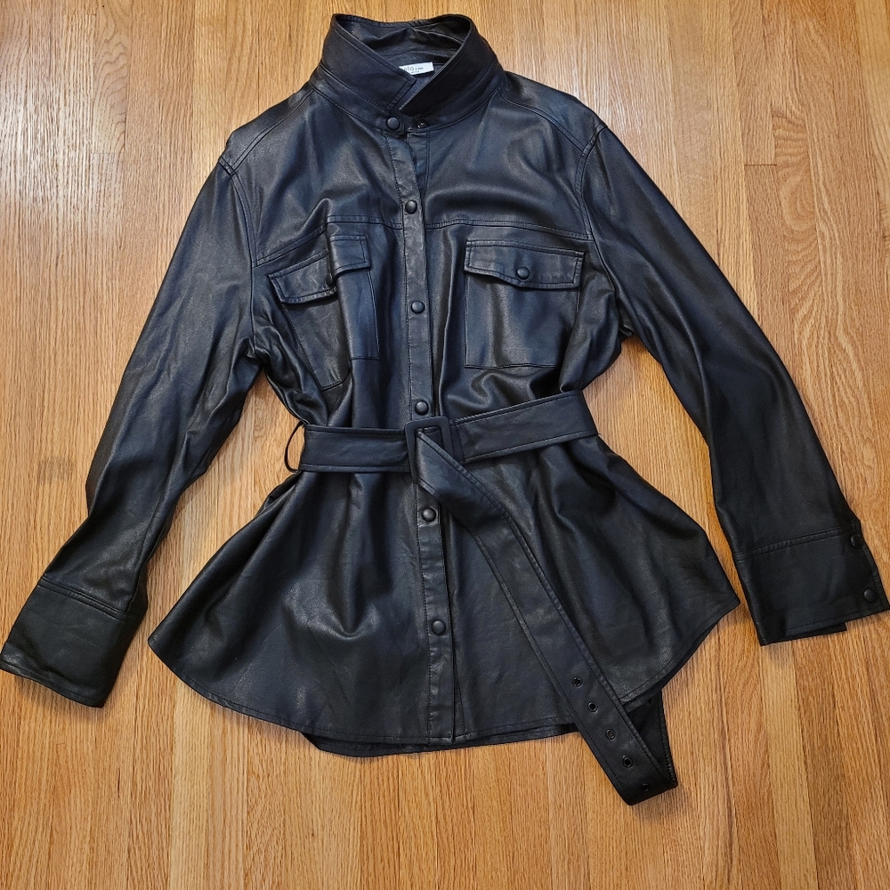 Violeta by MNG Black Faux Leather Belted Shacket Jacket Womens Size XXL